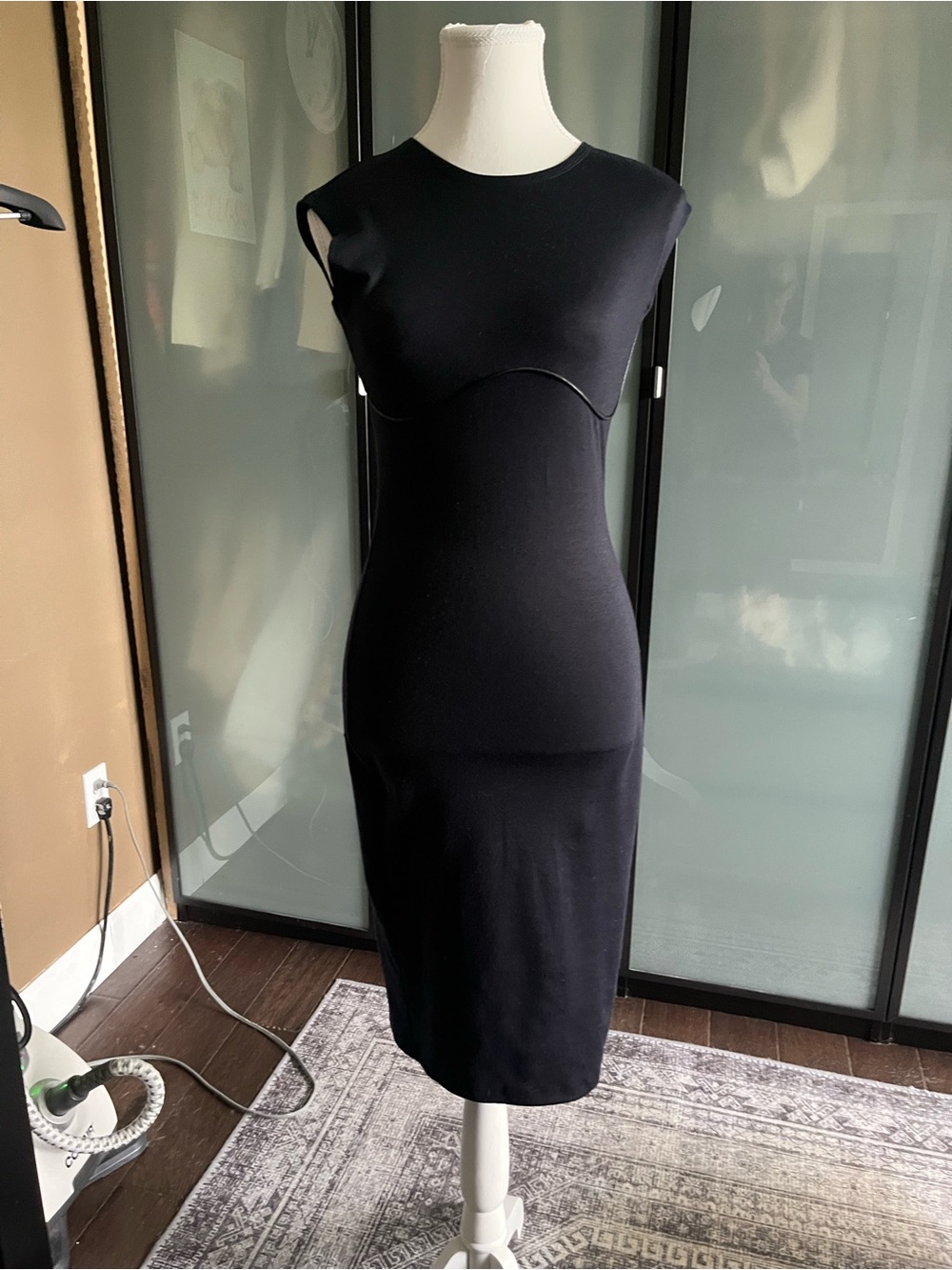 Adam Black Cap-Sleeve Midi Bodycon Dress